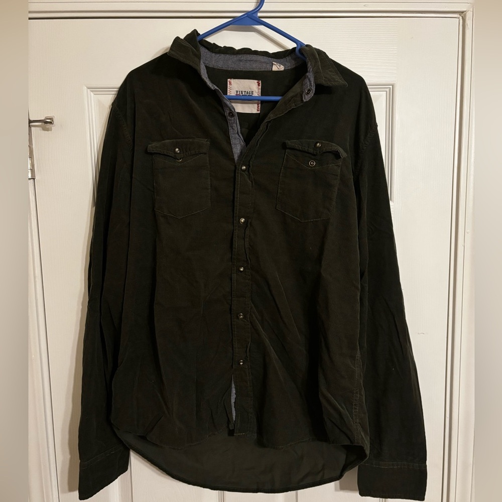 Vintage Men's Dark Green Button-Up Shirt Jacket Corduroy